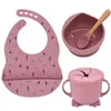 4 PCS Bande Dessinée Impression Silicone Bébé Étanche Bol Bavoirs Et Tasse De Formation Enfants Auto-Alimentation Antidérapant Aspiration Vaisselle Ensemble G1210