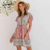 Ethnic spring summer ruffled butterfly sleeve sash V-neck floral print mid dresses button Holiday dress fashion 210414