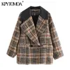 Women Fashion Patchwork Check Loose Tweed Blazers Coat Vintage Long Sleeve Pockets Female Outerwear Chic Tops 210416