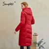 Warm casual women coats jackets with hat Elegant design long parkas Fashion red female winter windproof jacket 210414