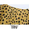 TRAF Mulheres Moda Com Laço Amarrado Leopardo Imprimir Blusas Vintage Vintage V Pescoço Manga Longa Camisas Femininas Blusas Chic Tops 210415