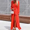 Women Dress V Neck Bohemia Sexy Long Sleeve Lace Up Split Maxi es Fashion Red Beach es Spring Summer 210524