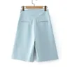 Women Chic Office Wide Leg Pants Fashion High Waist Pockets Female Knee Length Blue Pant 210430