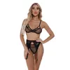 Black Mesh See Through Bra and Flower Lace Pattern Panty Lingerie Set met ribbelband 211208