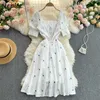 Neploe Heavy Work Flower Embroidery Holiday Dress Women High Waist Hip A Line Slim Vestdios Sqaure Collar Short Sleeve Robe Y0823