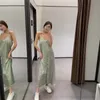Camisola verde Midi Vestido de satén Mujer Elegante Cuello en V Sin espalda Sexy Slip Party es Mujer Verano largo 210519