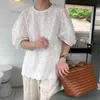 Summer Office Lady V-Neck Floral Women Shirt Hollow Out Short Sleeve Blouse Pullover White Ladies Tops Clothing 14290 210521