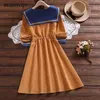 Japanese Lolita Dress Preppy Style Women Autumn Corduroy Sailor Collar Cute Dog Embroidery Teenage Girls Midi es 210520