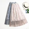Elegant broderad mesh kjol Emale Spring Long Fairy Elastic Wasit En Line Flower Women Pleated Party Streetwear 210421