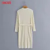 Tangada мода женщин сплошной белый элегантный свитер платье с косулью с длинным рукавом V шеи женские теплые MIDI платье BC181 G1214