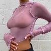 Chic Mesh See Through Y2k Top Woman Slim Club Patchwork Ruffles T-shirt 2020 Fall Street Turtleneck Crop Tops Neon Tees Y0629