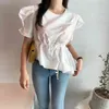 Chique Koreaanse zomer o hals bladerdeeg mouw onregelmatige blouse vrouwen trekkoord lace-up taille casual mode tops blusas minimalisme 210429