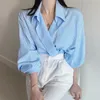 Yaz Sonbahar V Yaka Gevşek Kadın Bluz Nazik Chic Cepler Çizgili Kadın Gömlek Zarif Bayanlar Blusas Mujer 12375 Tops 210521
