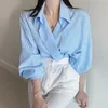 Été Automne Col V Lâche Femme Blouse Doux Chic Poches Rayé Femmes Chemises Élégantes Dames Tops Blusas Mujer 12375 210521