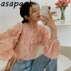 Chic Koreański Słodki Stojak Kołnierz Ruffles Puff Długim Rękawem Różowy Szyfonowa Bluzka Kobiety Luźne Patchwork Plisowane Topy BluSas Mujer 210610