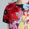 Fashion Designer Runway Summer Women's Short Sleeve 3D Floral Beading Beauty Print Applique Elegant Party Mini Dress 210416