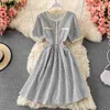 Vintage jurk vrouwen zomer koreaanse gewaad zoete temperament korte mouw vestidos hoge taille slanke plaid a-lijn jurken 210422