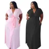 Robe longue à manches courtes et col en V pour femme, ample, unie, décontractée, grande taille, avec poches, rose vif (XL-5XL)
