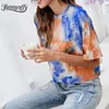 Crew Neck Tie Dye Short T-shirts Vrouwen Mode Zomer Raglan Mouw Vrouwelijke Tops Tees Casual Losse O-hals T-shirt 210510