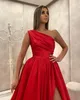 Charming Red Simple A Line Long Prom Dresses One Shoulder Pleats High Side Split Floor Length Formal Dress Evening Gowns Party Wear Custom Made