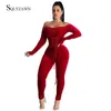 Bodycon jumpsuit kvinnor långärmad bandage midjeband fast färg casual rompers snedstreck nacke damer plus storlek xxl kvinnlig bodysuit 210709