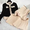 Korean Chic Vintage Knitted 2 Piece Set Women Crop Top Pearl Buttons Sweater Cardigan + Pleated Long Skirt Suit Two 210514