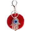 Söt Rhinestone Devils Palm Blue Eye Car Keychains Fake Fur Women Trinket Bag Key Ring Smycken Gift