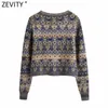 Zevity femmes Vintage col carré fleur imprimé Jacquard tricot pull femme à manches longues Chic Cardigans manteau hauts S652 210805