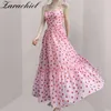 Été doux rose à pois vacances plage longue femmes Spaghetti sangle dos nu élégant sans bretelles en mousseline de soie Maxi robe 210416