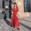 Women Chiffon Dress Summer Fashion Female Short Sleeve V-neck Floral Print Casual Dresses Vintage A-line Boho Vestidos 210423