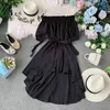 Spring Ladies Fashion Lace Up Slash Neck Chiffon Beach Draw String High Waist Casual Solid Irregular Dress 210520