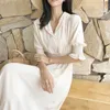 Summer Dress Korean Women Solid V-Neck High Waist White for Casual Temperament Thin Long es Vestidos 14139 210508