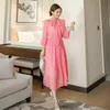 Lente vrouwen roze chiffon print lace up boog casual geplooide jurk elegante lange mouw hoge taille vestidos jurken 210519