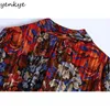 Vintage Multicolor Blumendruck Minikleid Frauen Fliege Kragen Langarm Plissee Casual Plus Size Vestido 210514