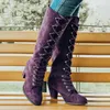 Bot moda retro kadınlar diz yüksek süet katı kare kare kadın ayakkabıları Roma vintage up bayan uzun boylu kış uzun