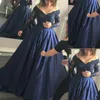 Dress Prom Dark Navy Blue Plus Size Evening Dresses Satin Appliqued Lace Off the Shoulder Long Sleeves A-line Special Ocn Party Gowns es