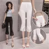 Flared pants seven point female lace stitching lace new fat MM solid color tight fitting thin casual temperament women's trouser Q0801