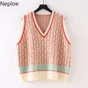 Neploe Vintage Szydełka Kwiatowe Swetry Kamizelka Kobiety V-Neck Bez Rękawów Dzianiny Pulowers Kamizelka Luźna Plaid Tank Tops Kobieta 210422