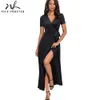 Nice-Forever Kausal Einfarbig Sexy Split Vestidos Kurzarm Party Lange Maxi Frauen Kleid A155 210419