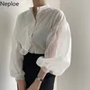 NELLOE Корейский шикарный рубашка лоскутная марля Посмотреть через женские блузки Ол Стенд шеи фонарный рукав темперамент белая блузка топы 210422