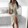 ELSVIOS Новый серебристый блеск яркие Bodycon платье женщины сексуальные глубокие V-образные шеи тонкие мини-платье осень с длинным рукавом нерегулярное платье для вечеринок X0521