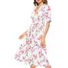 dress women elegant white dress Print Short Bow A-Line V-Neck Office Lady dresses sexy Mid-Calf shirt dress 2950 50 210527