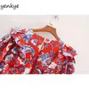 Moda Kobiety Vintage Kwiatowy Druku Dress Lady V Neck Latarnia Rękaw Rękaw Wzburzyć A-Line Mini Plus Size Vestido CCWM9581 210514