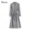 Vintage Plaid Long Shirt Dress Women Bow Tie Sleeve Casual es A Line Turn Down Collar Office Vestidos 210515