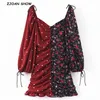 Sexy Contrast Color Floral Print Dress Puff Long sleeve Mini Short Women Bow Tie Strap Ruched Lacing Up Party es 210429