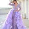 Deep V Neck Evening Dresses Mermaid Gowns Sequin Sparkle Long Sleeve Prom Dress with Detachable Train Ladies vestido de novia