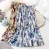 Women Summer Chiffon Skirt Stretch High Waist Floral Long Femme Elegant Faldas Jupe Saia Boho Pleated 210529