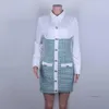 Casual Dresses 2021 Autumn Winter Fashion Elegant BodyCon Mini Dress Women Långärmad lapptäcke Pocket Wool Plaid