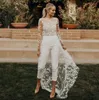 Sexy Beach Open Back Boho Jumpuits Wedding Dress Pant Suits For Brides With Train Illusion Applique Lace Long Sleeve Jumpsuit For Women Bohemian Bride Dresses