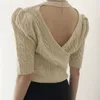 Koreanische Frühlings-elegante Damen-O-Ausschnitt-Oberteile, vorsichtige Maschinenleckage, hohles Leinenmuster, kurzärmelige Strickpullover für Damen 210508